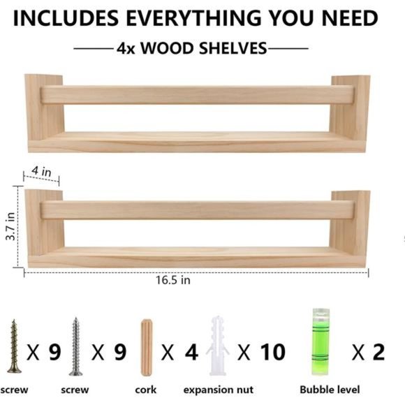 Nursery Book Shelves Set of 4,Wood Floating Nursery Shelves for Wall (Set of 4) - Picture 3 of 7